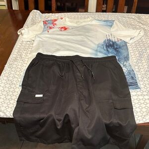 White and Blue Graphic T-Shirt with Black Cargo Shorts